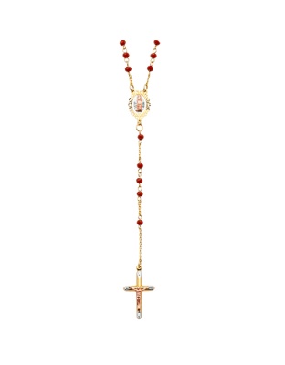 14K Tri Color Gold Gem Red Stone Rosary Necklace 18"